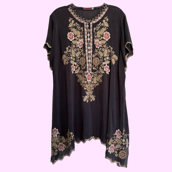 Johnny Was Tops - Johnny Was Talum Tunic Size 1X Embroidery Floral Gray Semi-Sheer EUC Top Blouse